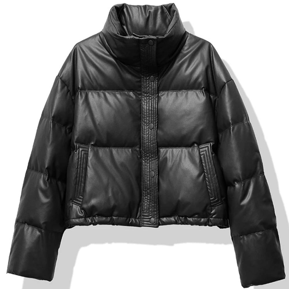 Women Thickened Mock Neck Cotton-padded Jacket Single Breasted Pocket Casual Down Coat Winter Warm Loose Short Coat Fall