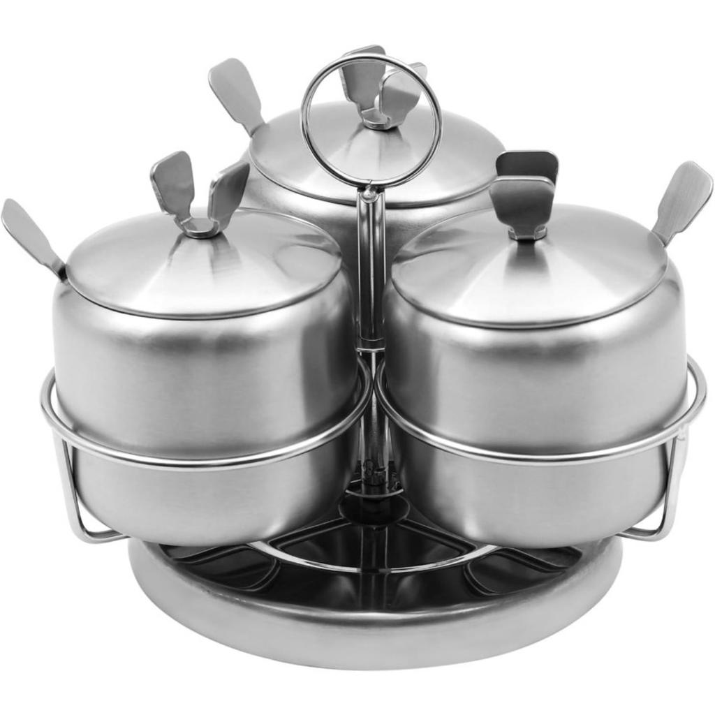 3 pcs Stainless Steel Seasoning Condiment Jars, Revolving Sugar Bowl Coffee Pot Rotating Spice Jar Set with Rack Spice Container with Lid and Spoon