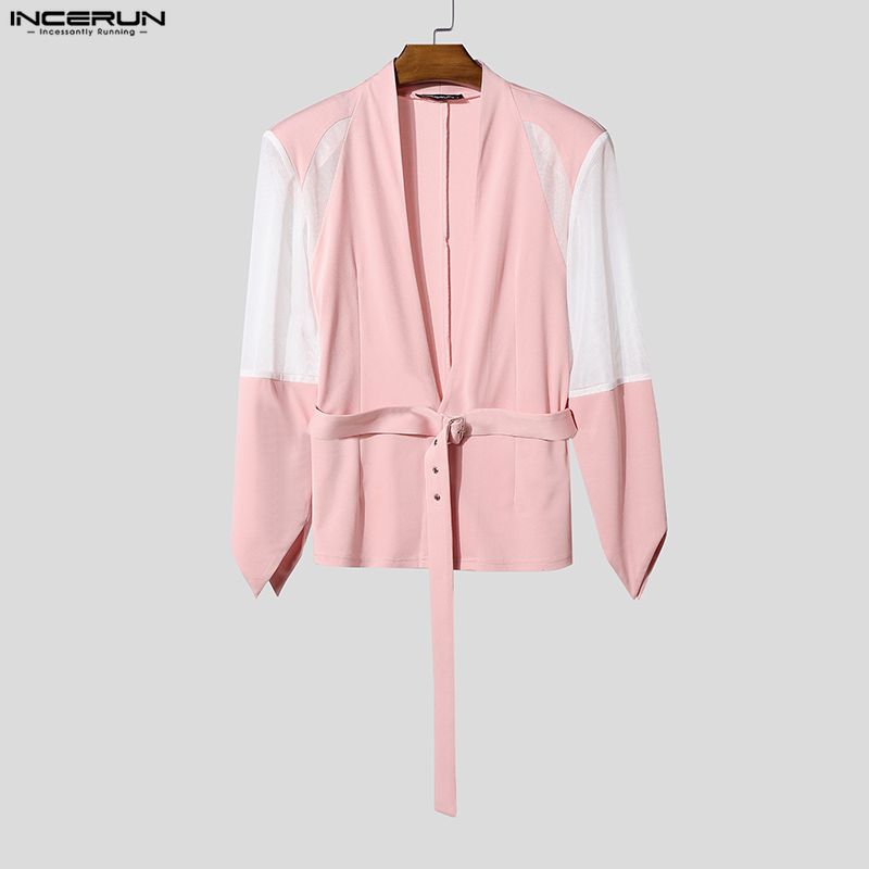 INCERUN Men Long Sleeve Patchwork See Through Mesh Bandage Waist Party Tops Shirts