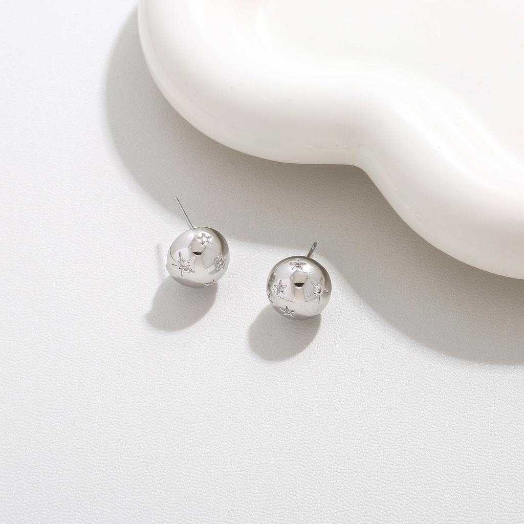 S925 Silver Needle Smooth Round Ball Star Stud Earrings - Stylish Niche Design for Women