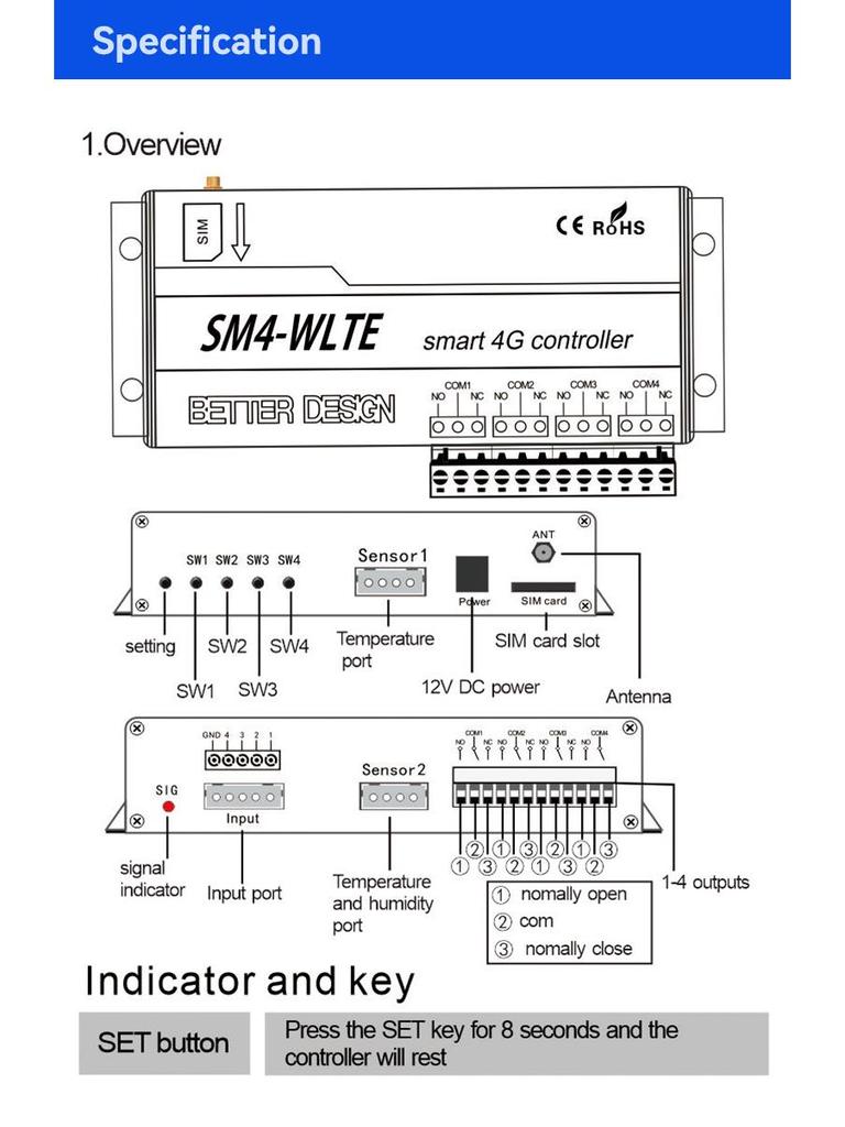 4G Quad-Channel Mobile-Control Temperature & Humidity Alarm with APP/WEB Remote SMS Alerts - EU Version