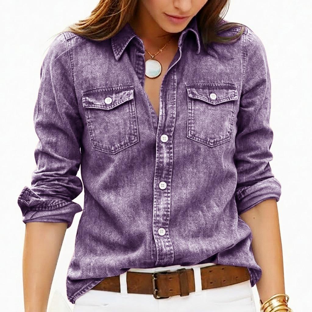 Camicie Vintage da Donna in Denim Lavato Manica Lunga Collo a Revers Bottoni Bluse Casual Ampie Top Quotidiani