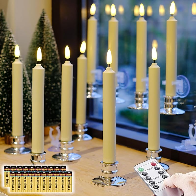 10 Pack Window Candles +20 AA Batteries(Include,Run More Than 400 Hours) + Candleholders + Suction Cups+ 2 Remote. 8'' Tall. IVORY LED Battery