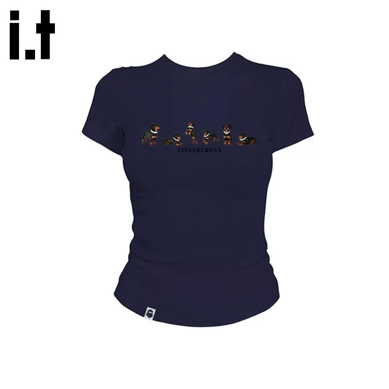 Fingercroxx Women s Puppy Print Slim Fit T-Shirt XL тёмно-синий