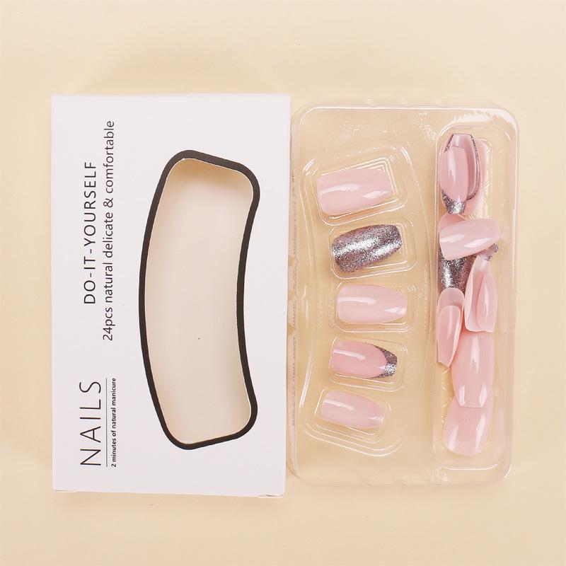 Short Pink Glitter Sweet False Nails with Jelly Glue