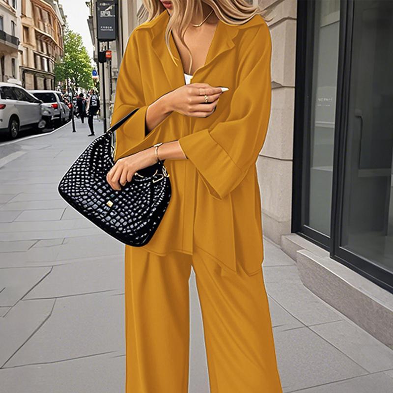 

ZANZEA Женские повседневные комплекты из блузки и брюк с рукавом 3/4 из двух предметов S жёлтый