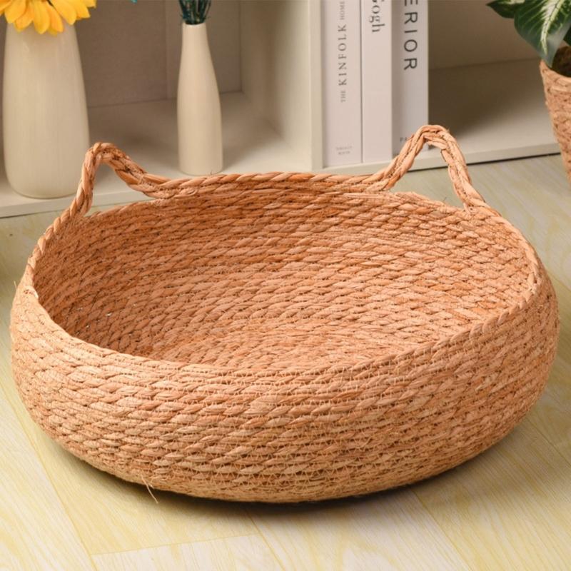 Small Pet Bed Woven Cats Nest with Straw Round Handwoven Cats Basket Bed for Indoor Use and Small Dogs Breathable