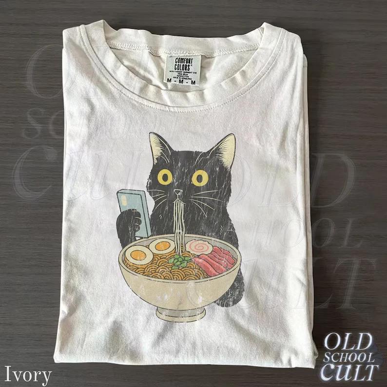 Cat Rahmen Unisex T-shirt, Cat Eating Ramen Funny Shirt, Graphic Tee for Cat Lov XL