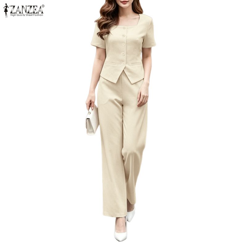 ZANZEA Damen Kurzarm Bluse und Hose Sommer Zweiteiler Anzugsets