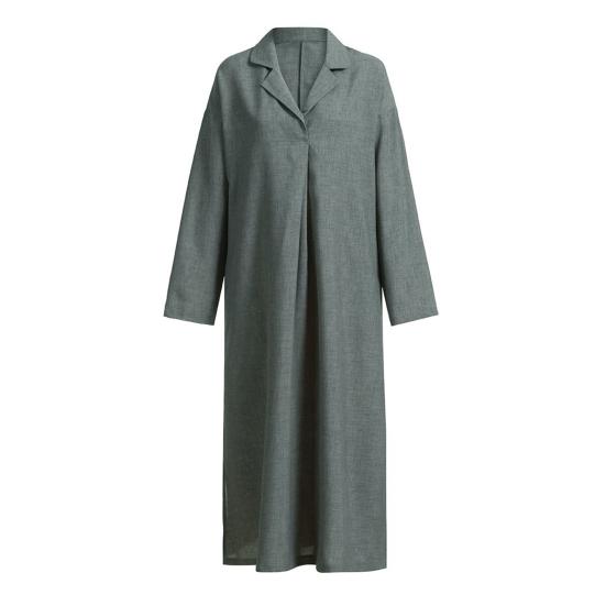 Outono Primavera Mulheres Maxi Vestido A-line Bainha Solta Mangas Compridas Decote V Plissado com Bolsos Laterais Pulôver Cor Pura Vestido de Uso Diário Bolsas