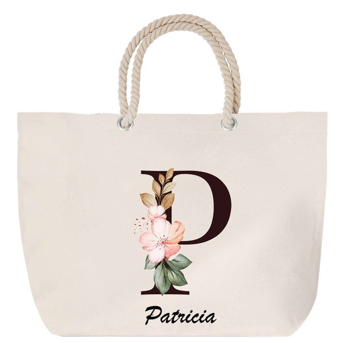 Sac de plage - PLANETEE - Patricia - anse corde - Lettre Fleur - grand format