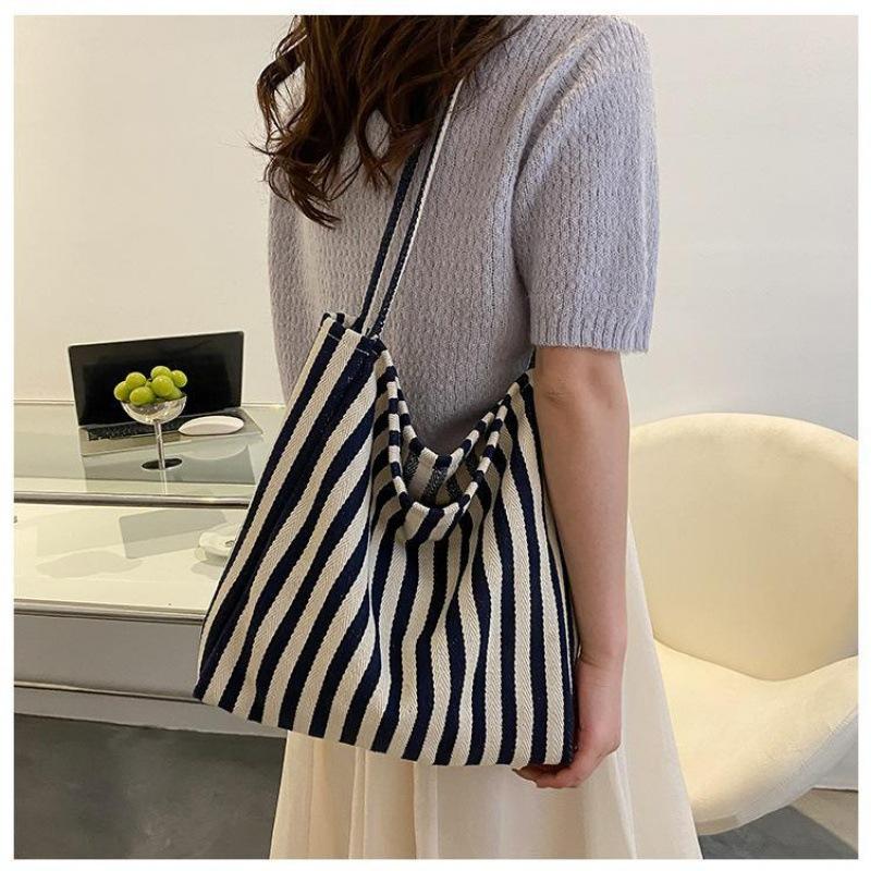 Retro literarische Handtasche einfache kleine frische gestreifte Umhängetasche lässige Mode große Kapazität Einkaufstasche Tasche