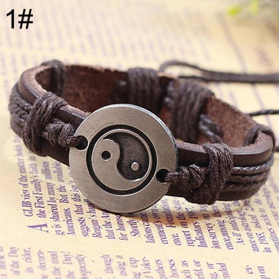 Men Women Alloy Tai Ying Yang Pattern Faux Leather Braid String Bracelet Chain