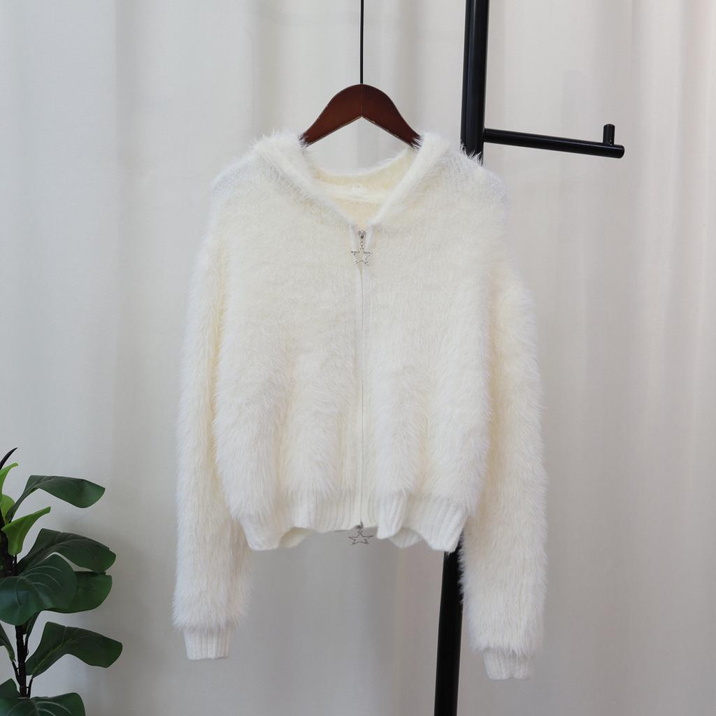 Hooded zipper imitation mink velvet knitted cardigan autumn and winter loose soft waxy sweater jacket women's casual versatile