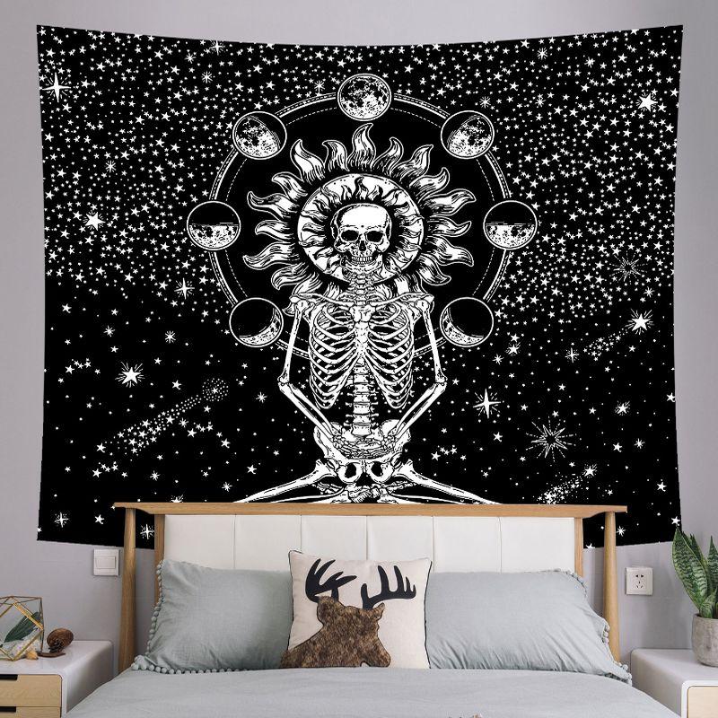Black White Starry Mountain Moon Wall Tapestry Night Sky Pine Tree Forest Landscape Line Art Minimalist Nature Decor Soft