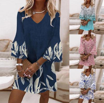 Women's Fashion Summer Spring 3/4 Sleeve V-Neck Casual Dresses