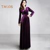 Women Evening Dress Golden Velvet V Neck Pleated A-line Pure Color Long Sleeves Full Length Dress High Waist Prom Party Maxi Dress