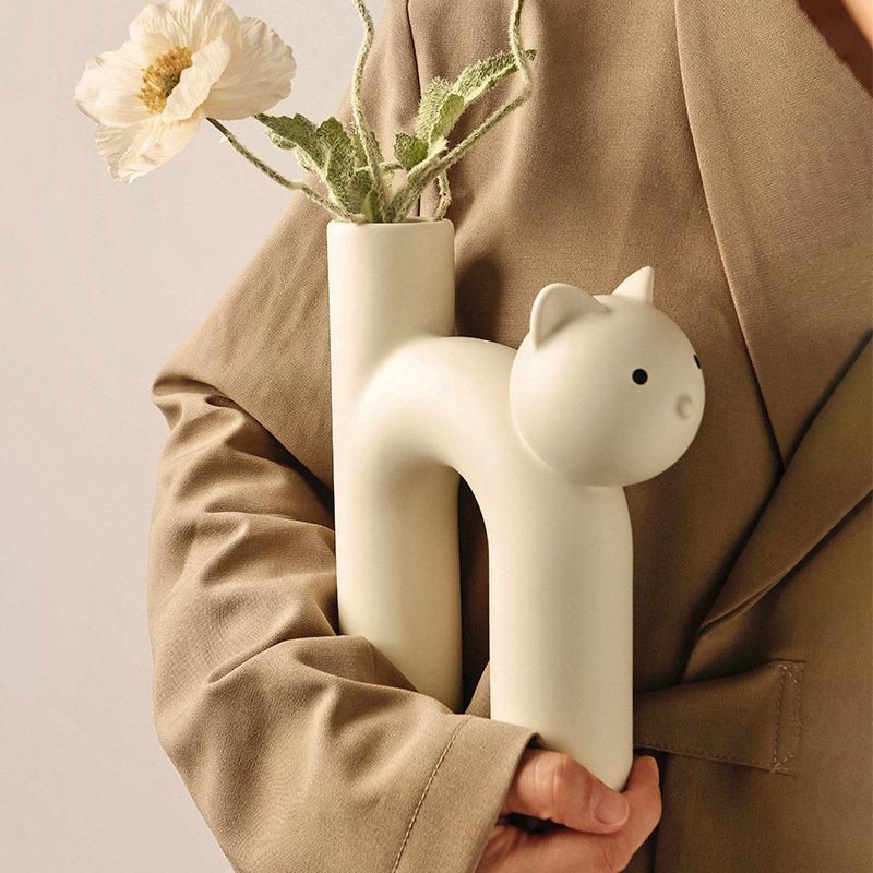 Cat Head H-shaped Tube Vase Cute Cat Ceramics Vase Flower Arrangement Hydroponics Home Decoration Vases Pots