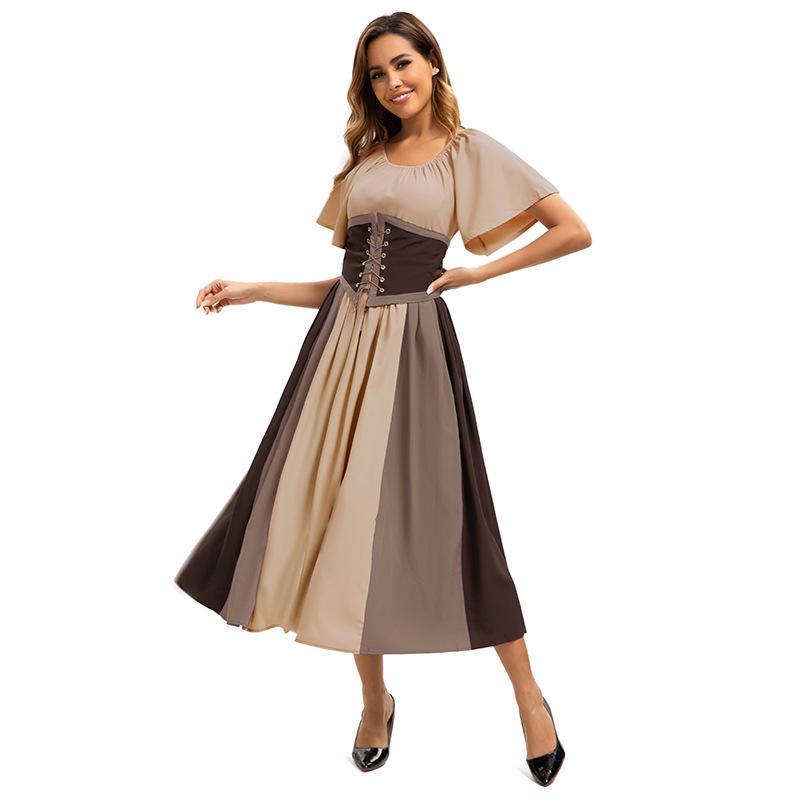 European and American New Products Medieval Retro Contrasting Color Splicing Lace-up Waist Swing Skirt Masquerade Ball Dress Dress Dress