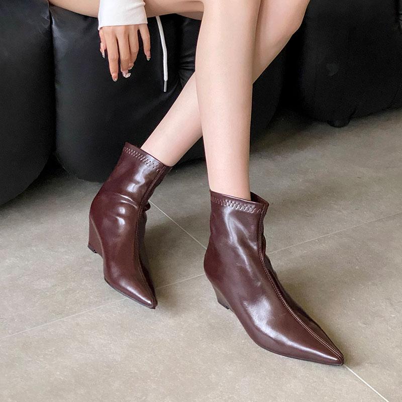 Fashion Pointed Toe Modern Ladies Ankle Boots With Wedges Shoes Fashion Elastic Women Short Stretch Boots Female Zippers Shoes