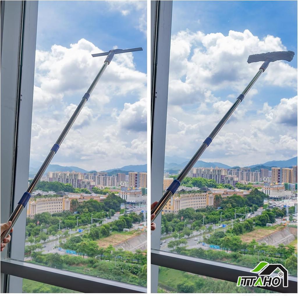 ITTAHO Window Glass Window Window Adjustable Extension Pole Condensation Glass Bathroom Window Cleaning Water Drain Microfiber Scrubber 2 Pieces