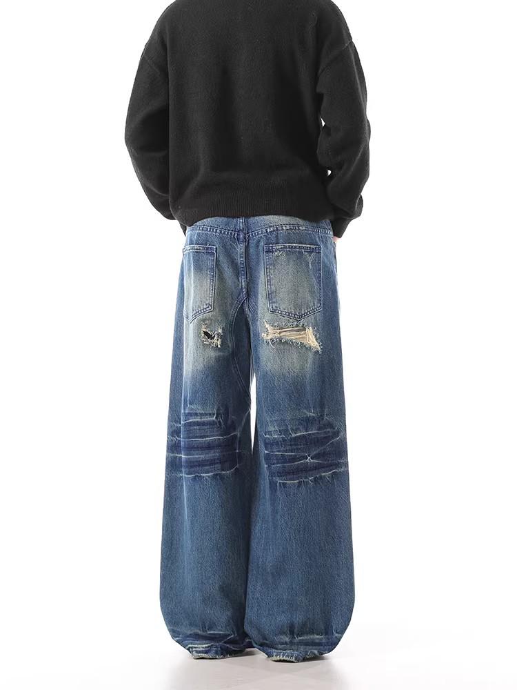 Unisex Distressed Patchwork Wide-Leg Ripped Jeans
