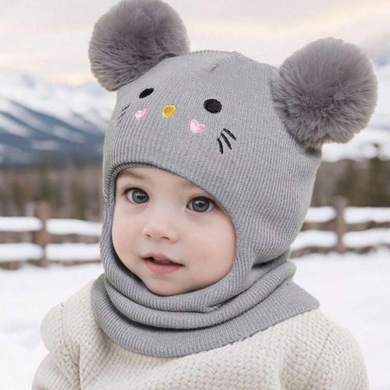 Winter Children Knit Balaclava Hat Warm Scarf One Piece Hats Neck Ear Protection Headgear Cap Pompom Baby Hooded Beanies 1-8Year