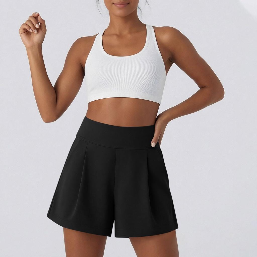 Women High Waist Pleated Athletic Yoga Shorts with Pockets Relaxed Fit Sports Casual Lounge Shorts for Workout Running Walking