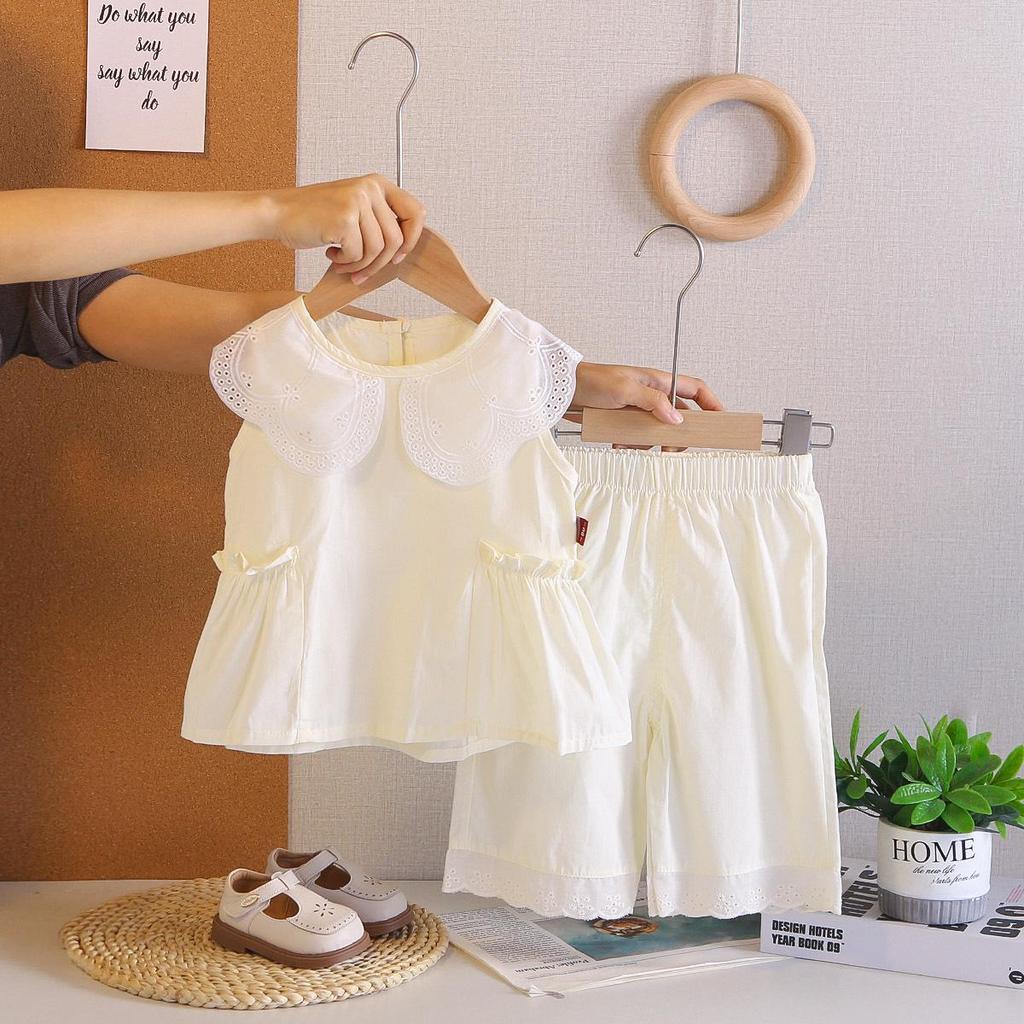 Krajková be rukávová panenkovská košile a široké kalhoty pro malé holčičky - Letní dvoudílná sada ve stylu Mori