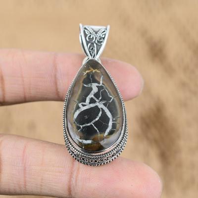 925 Sterling Silver Moroccan Mud Crack Fossil Gemstone Vintage Pendant Jewelry