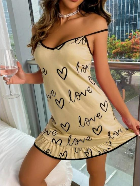 Women's Cute Print Ruffle Trim Spaghetti Strap Pajama Set