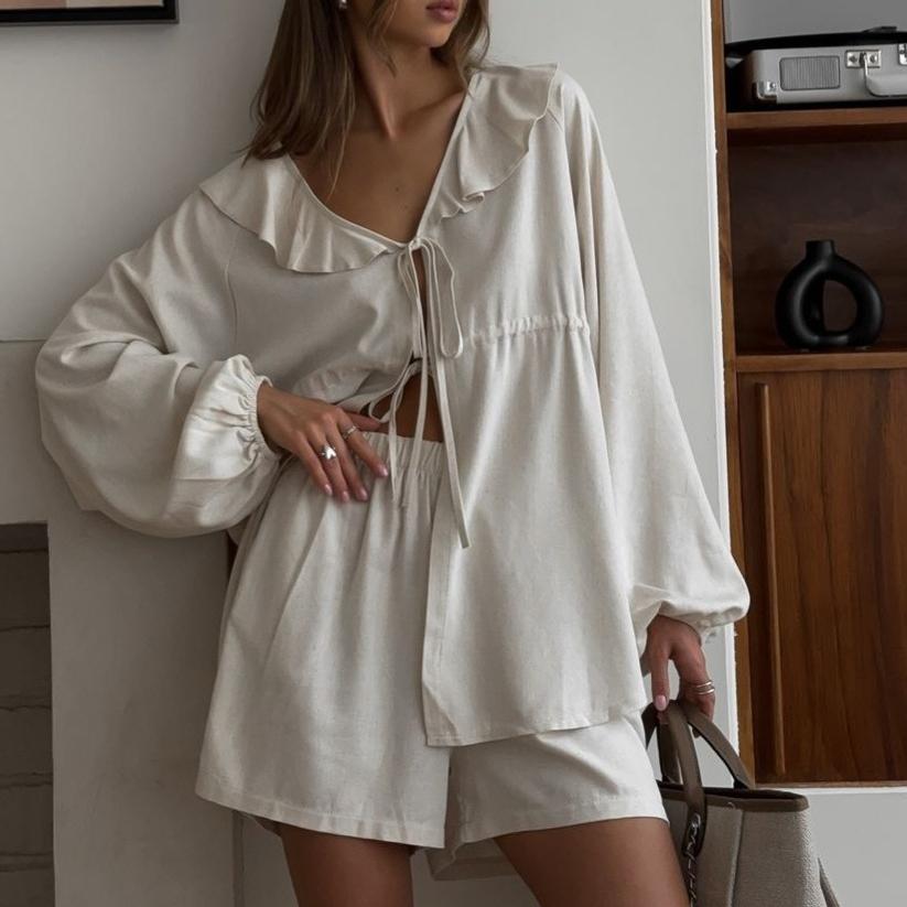 French Style Casual Autumn New Fashion Cotton Linen Set V-Neck Puff Sleeve Top Shorts Two-Piece Set