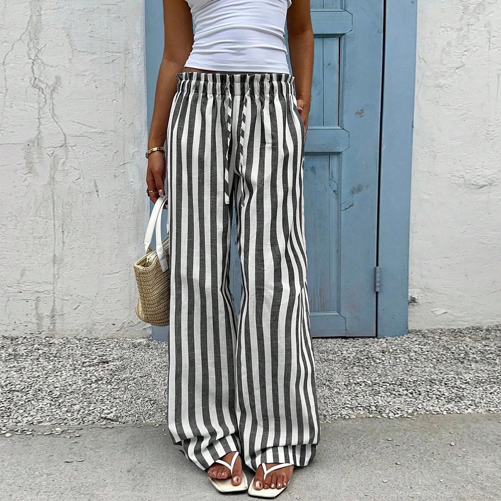 Women's Loose Fit Striped Straight Leg Casual Pants with Drawstring Waist for Everyday Relaxed Comfort