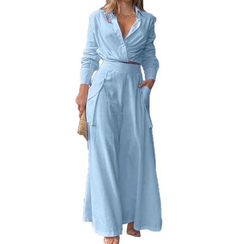 2026 Womens Solid Color Loose Wide Leg Pants Set Casual Elegant Office Wear Long Sleeve Cardigan Outfit