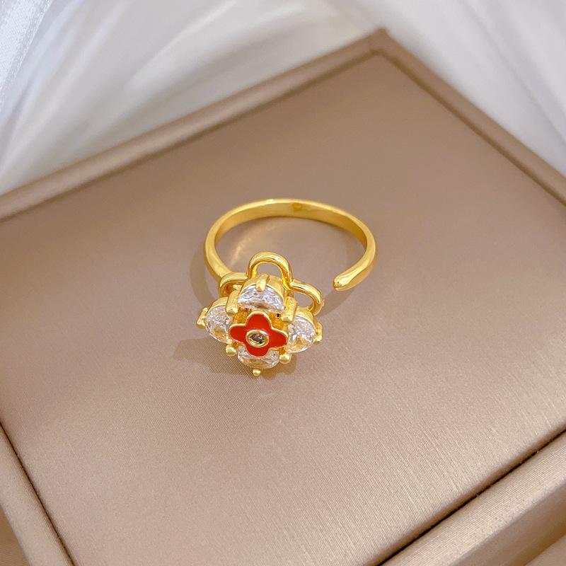 Real Gold Rotating Clover Ring Opening Adjustable Simple Jewelry Japanese Ring Couple Ring