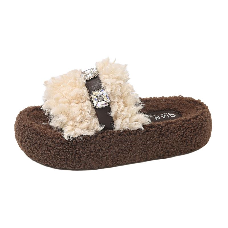 Thick-soled Plush Design Fluffy Shoes for Women's Outer Wear 2025 Autumn and Winter New Home Non-slip One-word Rhinestone Cotton Slippers