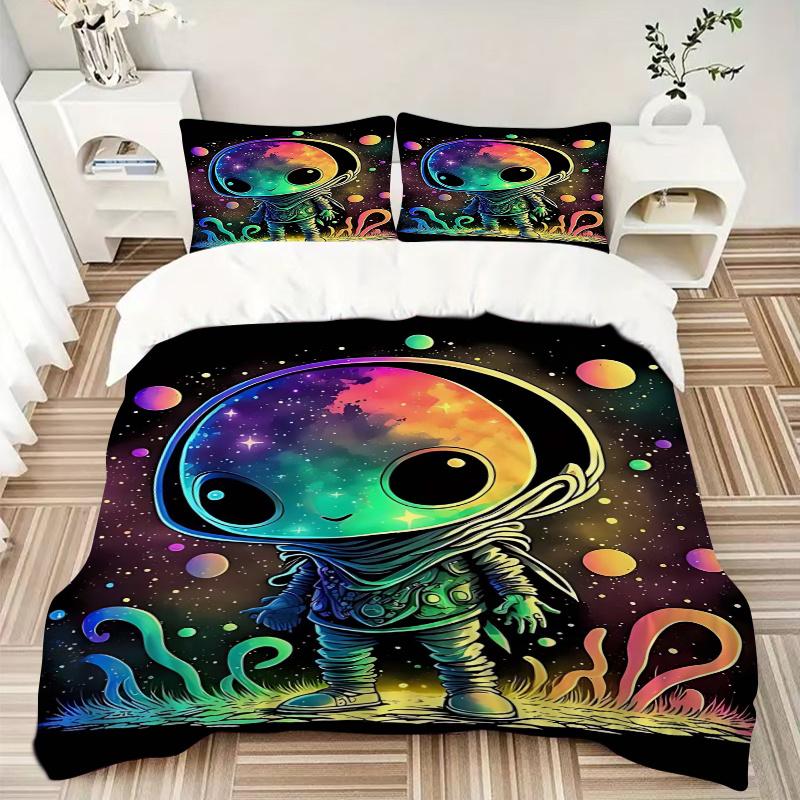 3pcs Colorful Galaxy Alien Comforter Set with Two Pillowcases (No Core), Bedroom Decor and Guest Room Accessories, Ideal Gift for Home Decoration