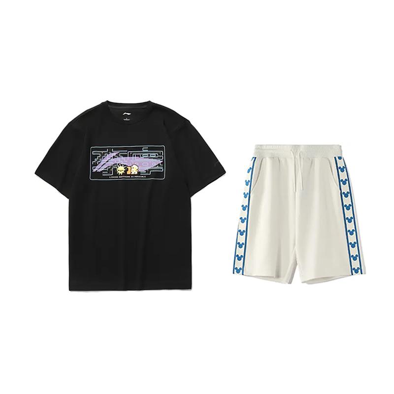 Li Ning Logo Cartoon Print Round Neck Short Sleeve T-Shirt Loose Comfortable Versatile Shorts Casual Sports Set Unisex Set AHSUA23-2+YKSV129-1