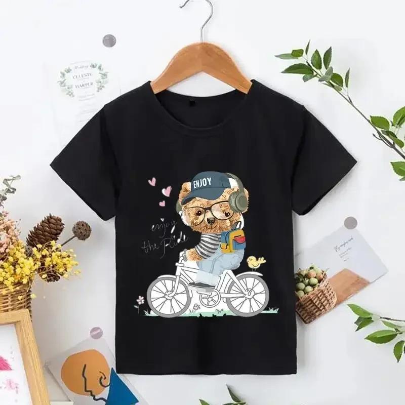 Teddy Bear Taking Your Photo T Shirt Cartoon Graphic Print T Shirt Fashion Casual Crew Neck Plus Size Short Sleeve T-Shirts Women’s