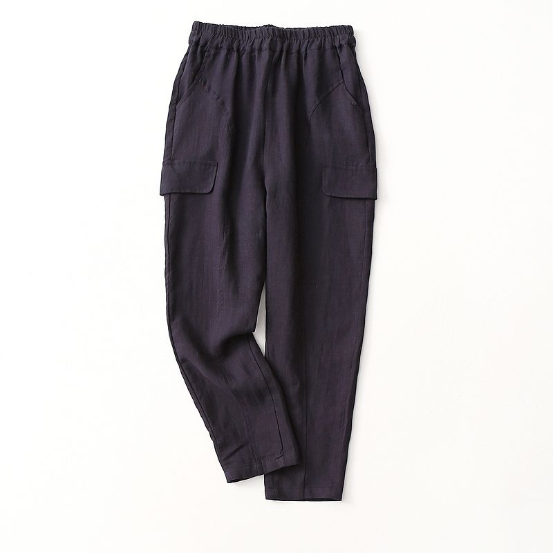 

Self-Retention ~ 100% Linen Loose Casual Cotton Linen Harem Pants Multi-Pocket High Waist Slim Looking Female Linen Leisure Casual Baggy Pants Navy blue, the picture has color difference L