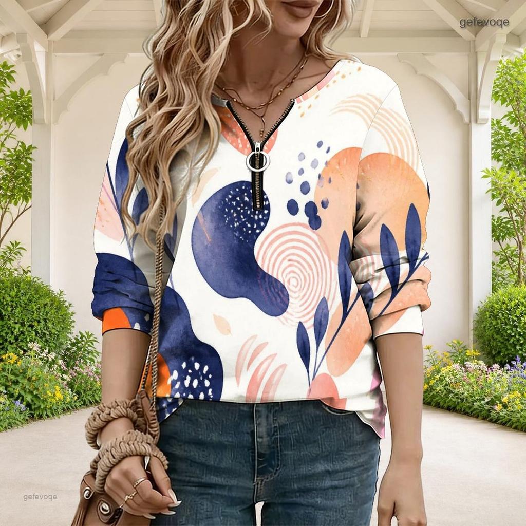 Women Plus Size Abstract Printed V Neck Front Zip Long Sleeve Sweatshirt
