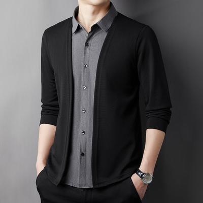 Men Spring Fall Top Fake Two-piece Shirt And Cardigan Patchwork Knitted Sweater Turn-down