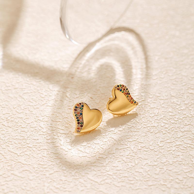 Small Heart Inlaid Colorful Zircon Stud Earrings Sweet Fashion Jewelry For Women