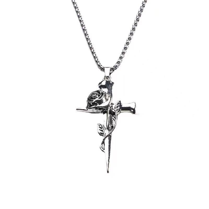 

Rose cross titanium steel necklace men s light luxury ruffian handsome European and American style accessories high sense fashion personality jewelry