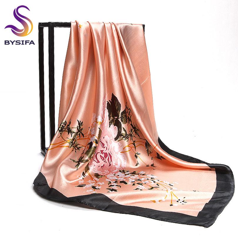 

[BYSIFA] Muslim Women Head Neck Scarf Shawl Trendy Chinese Silk Square Satin Scarf 90*90cm Pink Coffee Roses Scarves Wraps