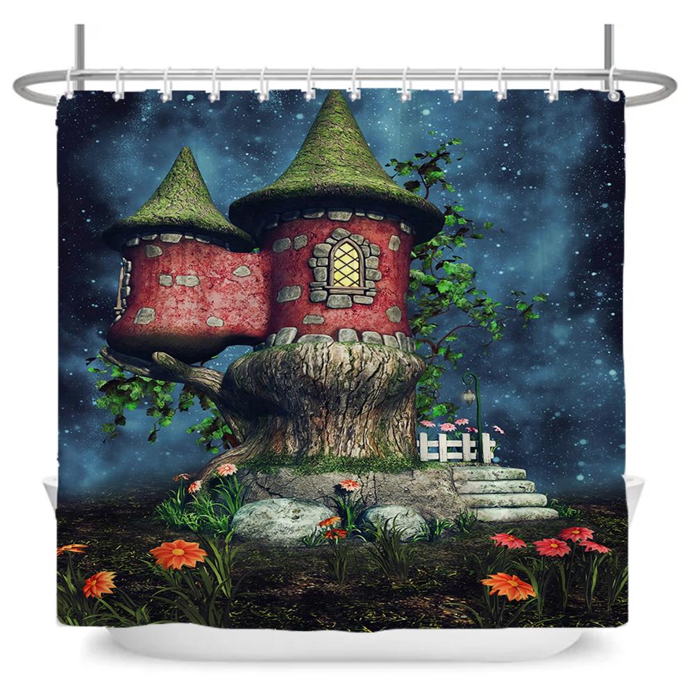 Enchanted Forest Shower Curtain Cartoon Magic Tale Mushroom Wonderland Gothic Shower Curtain Waterproof Bath Decor With Hooks