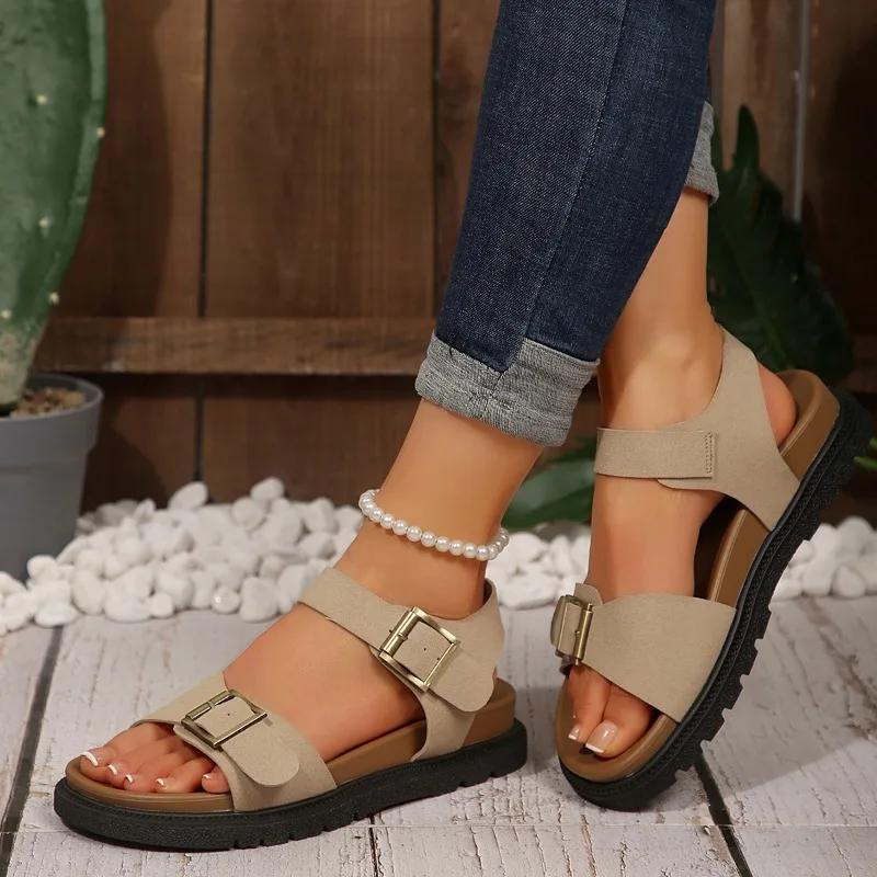 Pantofi de damă Sandale de damă cu cataramă de marcă Sandale de modă cu vârf decupat Sandale casual Sandale de vară pentru femei Mărimi mari Sandale plate solide