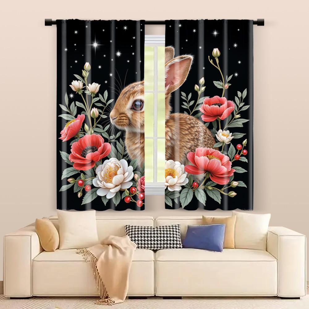 Set Of 2 Filtering Curtains Excluding Rods Non Movable Without Batteries Rabbit Floral Moon Use Bedrooms Vintage Made Polyester Master Bedroom Window