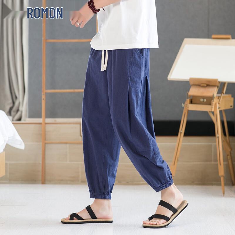 ROMON Men s Japanese Retro Cotton Linen Cropped Harem Pants XL