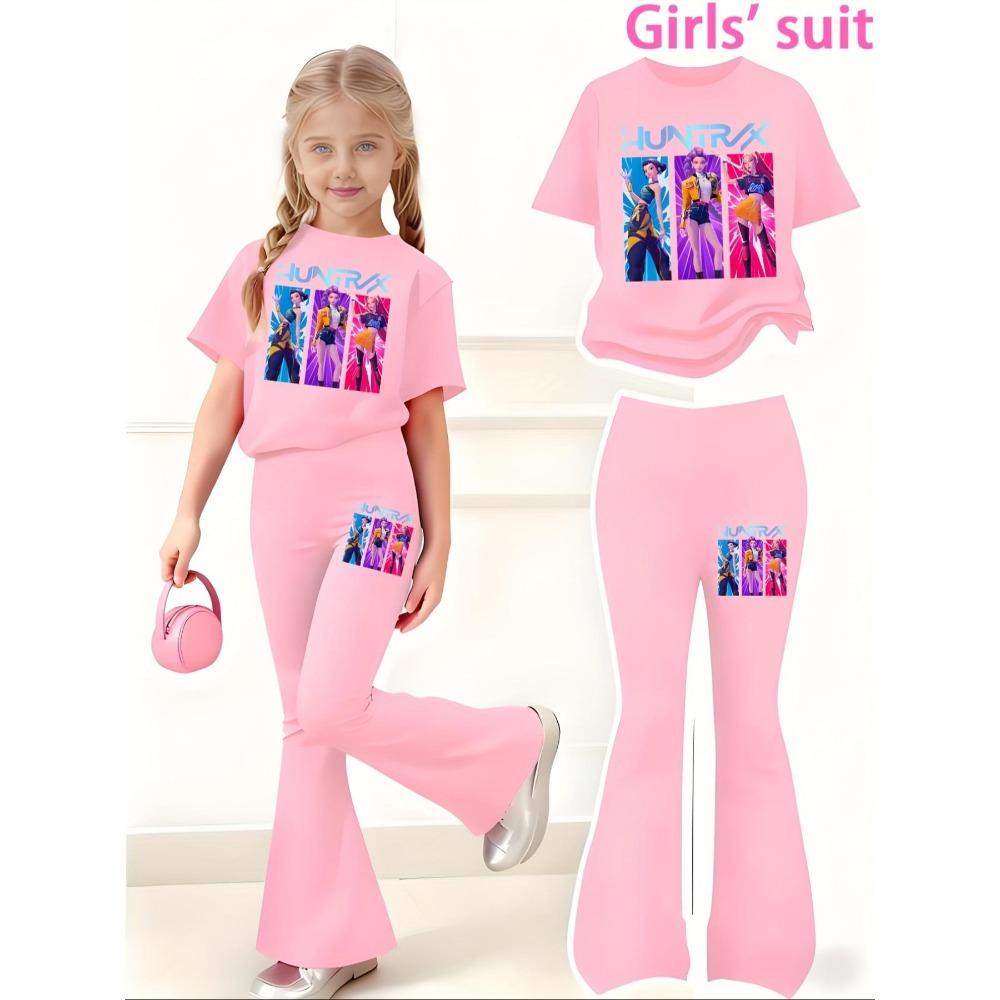 Children's Short Sleeved Set 2026 New Ins Hunter Girls' Group Printed 2-piece Set Girls' Casual Sports Short Sleeved Top and Bell Bottom Pants Set